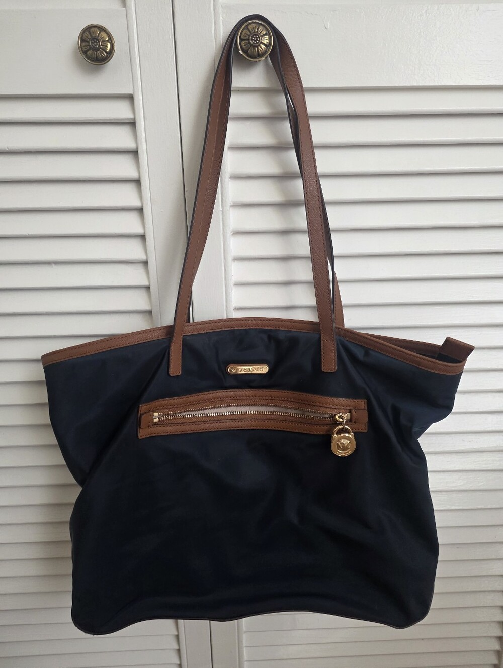 Michael Kors Navy Kempton Tote with Brown Trim